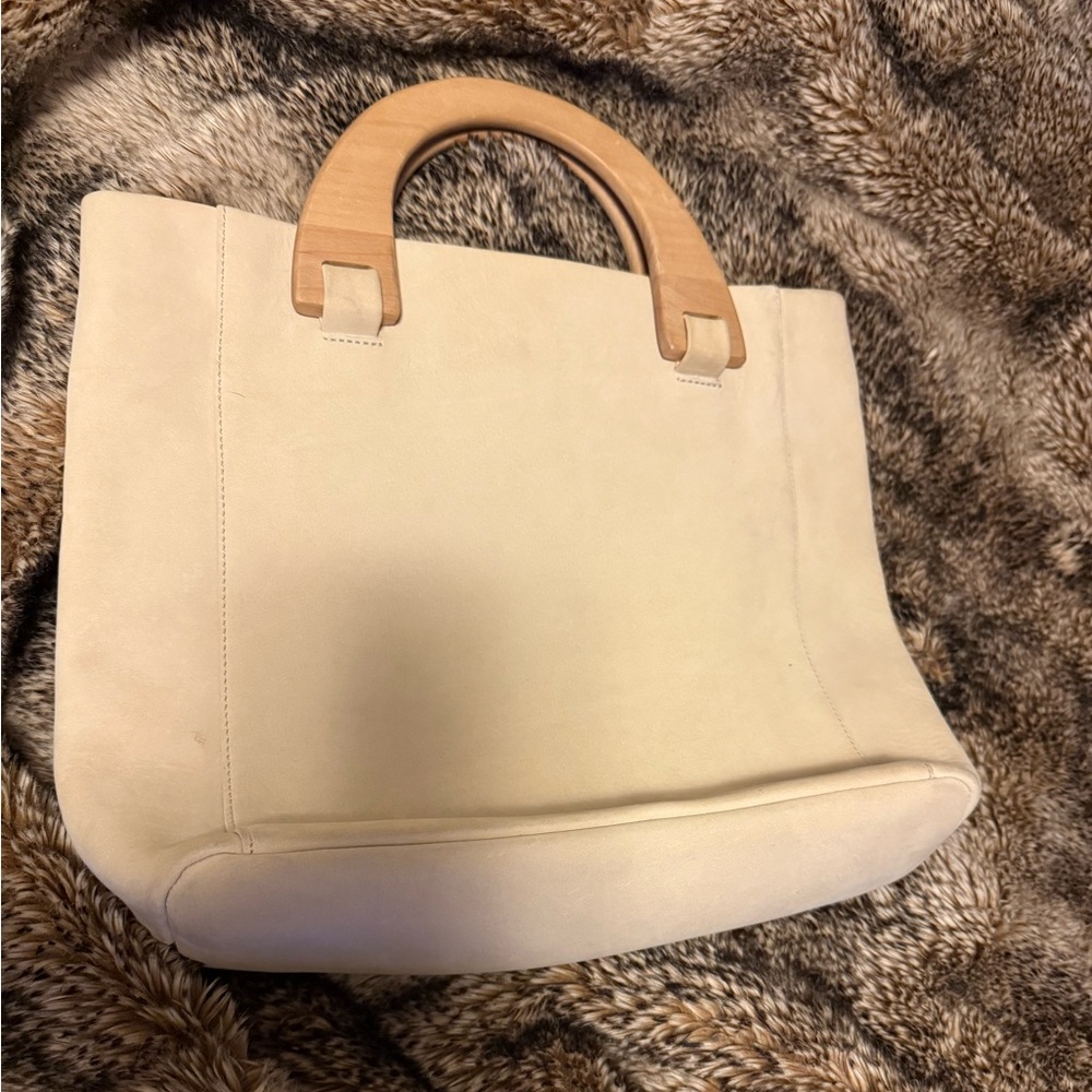Elegant Cream Suede Tote Bag with Wooden Handles